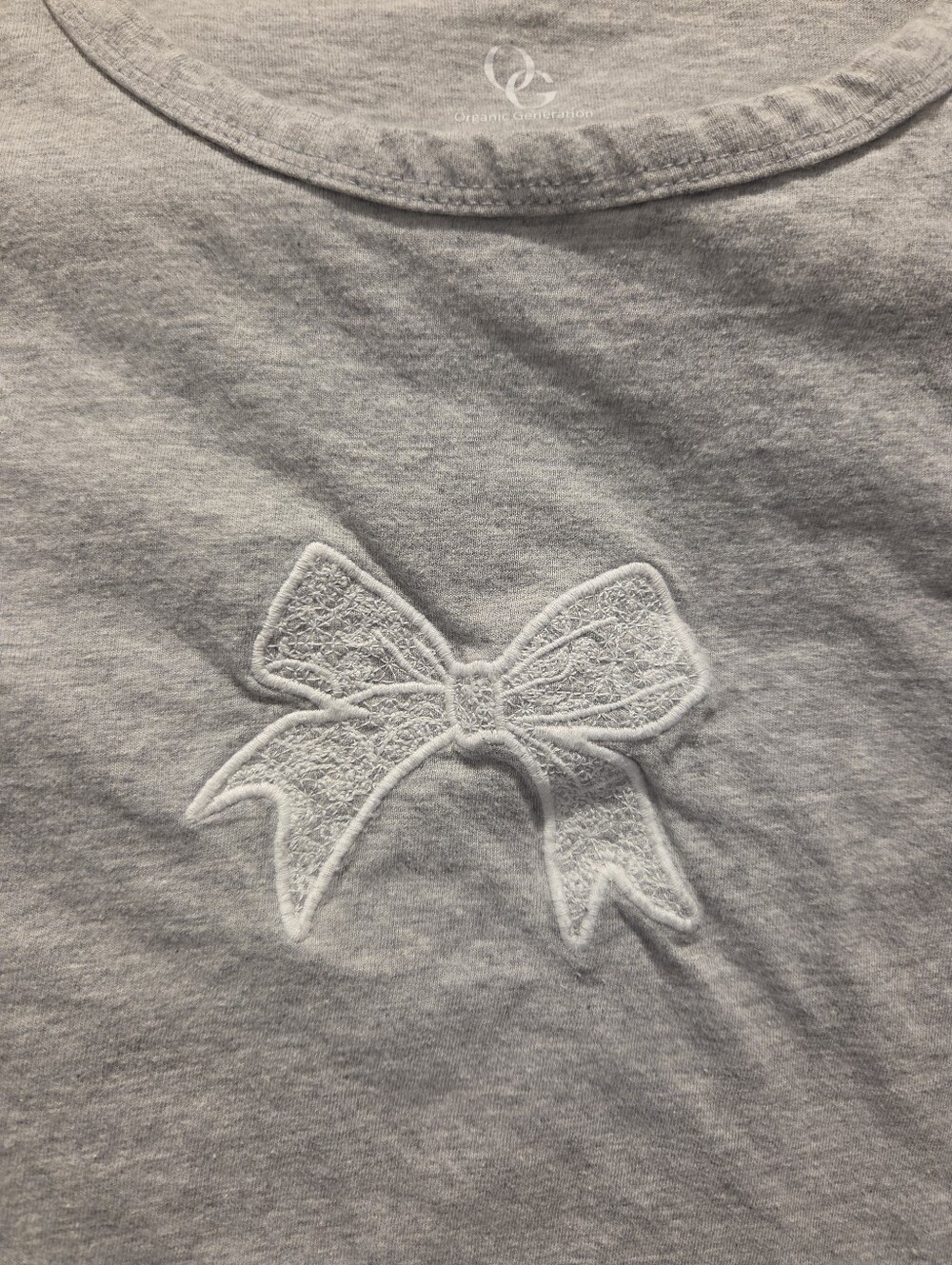 Organic Generation Grey Crop Top White Bow Embroidered 100% Cotton Y2K Coquette